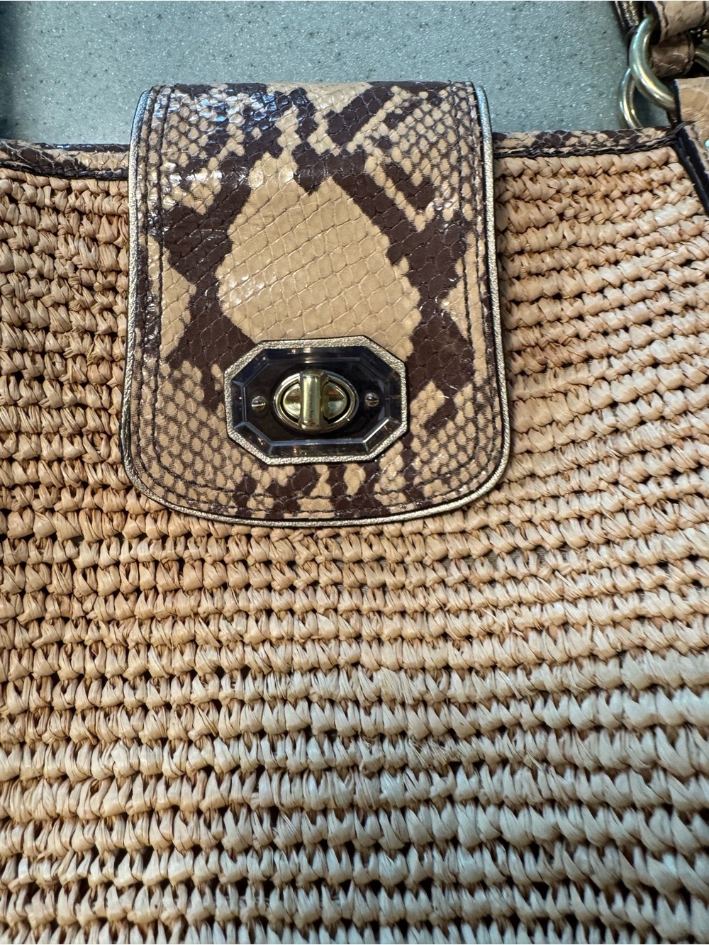 Coach Woven Straw Tote in Brown with Floral Charm - Picture 6 of 10